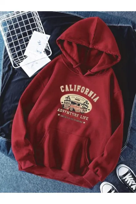 Kapüşonlu Kanguru Cepli California Baskılı Oversı Sweatshırt -kırmızı Renk