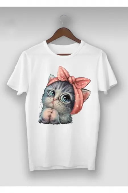 Oversize Unisex Beyaz Sevimli Minik Kedi Baskılı T-shirt