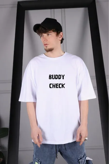 Unrivaled Men's White Color Oversize Buddy Check Printed T-shirt