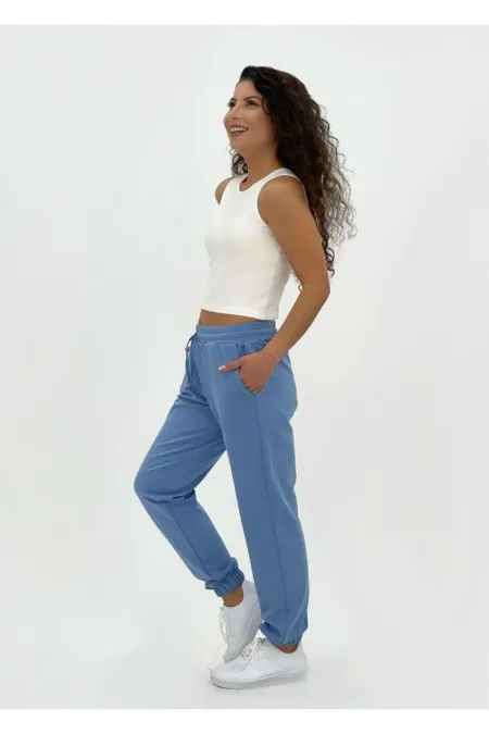 Kadın Mavi Yüksek Bel Jogger Pantolon / Eşofman Altı / Iki Iplik