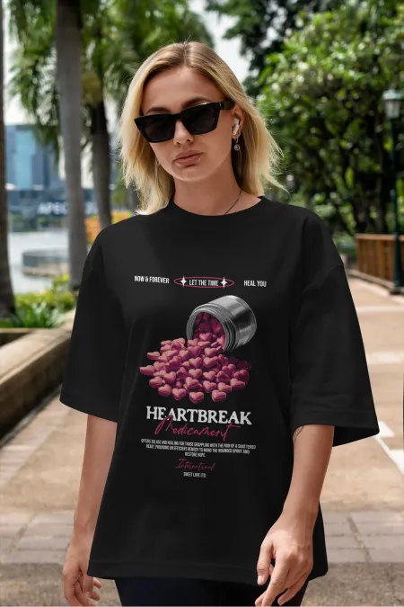 Unisex Erkek/Kadın HEARTH BREAK 2 Renkli Özel Baskılı Oversize Pamuklu Bisiklet Yaka T-Shirt Tişört