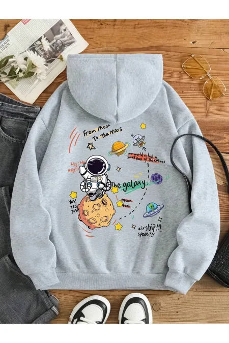 Space Printed Hooded Kangaroo Pocket Sweatshirt