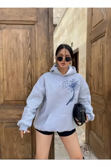 FEATHER PRINTED HOODED SWEATSHIRT