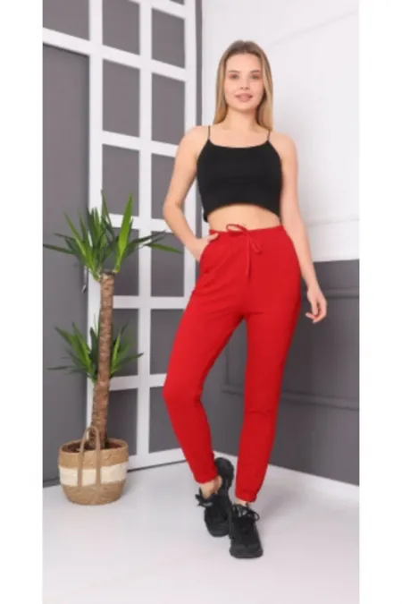 Unisex Kırmızı Paçası Lastikli Eşofman Alt