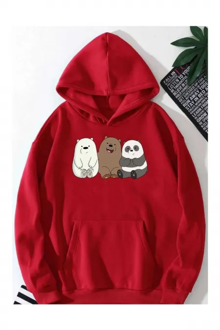 Cute Panda Printed Red Seatshirt