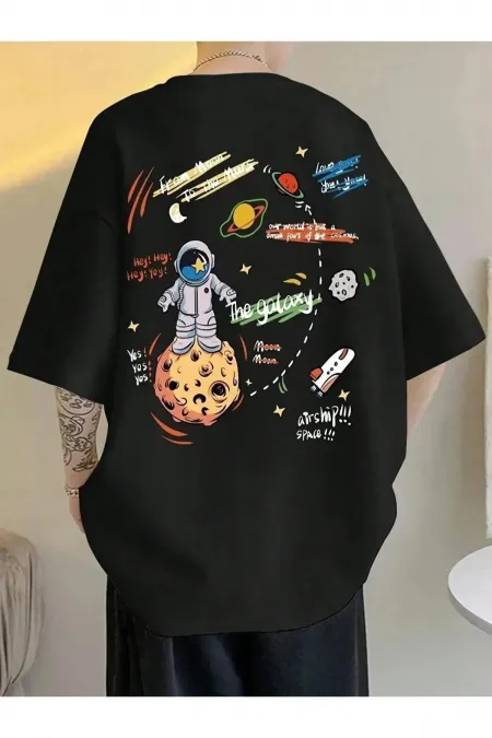 Unisex Black Oversized Crew Neck T-shirt with Planet Print on the Back