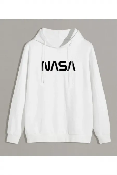 Unisex Nasa Baskılı Beyaz Size Sweatshirt