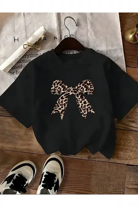 BASIC T-SHIRT WITH LEOPARD PATTERNED RIBBON DETAILS