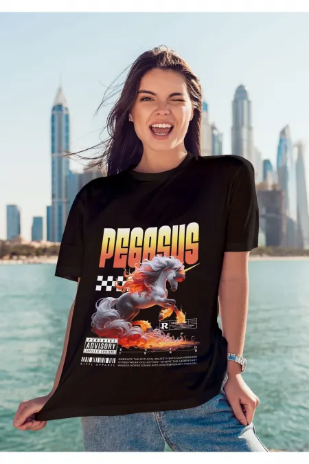 Unisex Erkek/Kadın PEGASUS Renkli Özel Baskılı Oversize Pamuklu Bisiklet Yaka T-Shirt Tişört