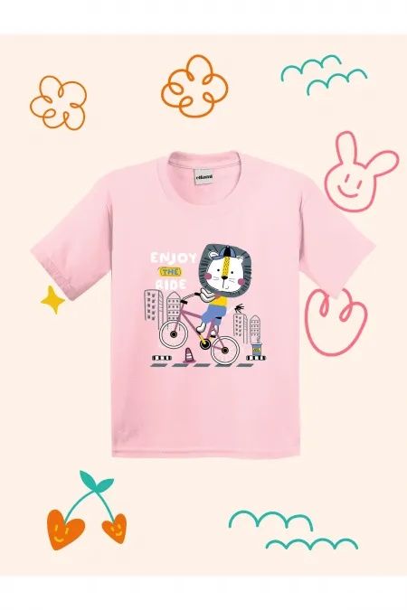 Kids' T-shirt with Lion Cyclist Print