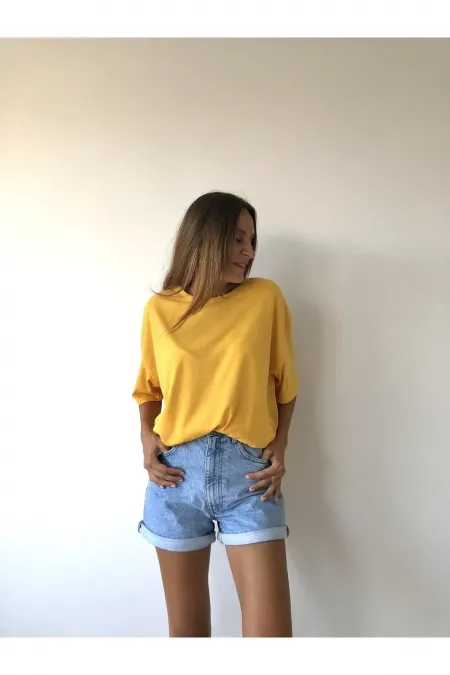 Unisex Sarı Pamuk Bisiklet Yaka Boyfriend Örme Oversize T-shirt