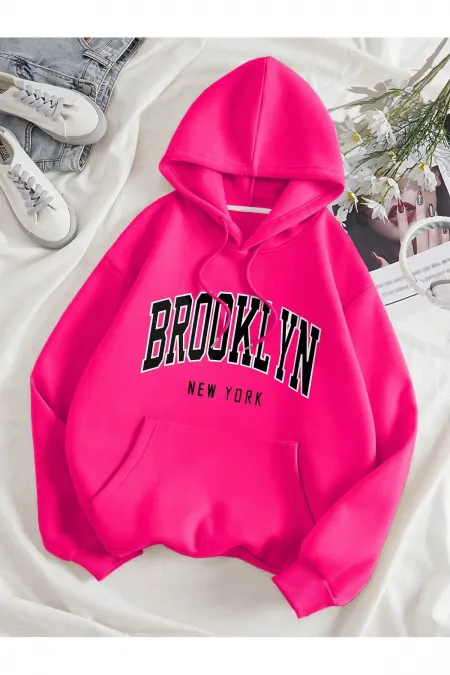 Brooklyn Sweatshirt Kangaroo Pocket Printed Hooded Raised