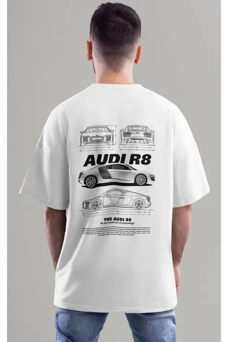 Unisex Erkek/Kadın AUDI R8 Renkli Özel Baskılı Oversize Pamuklu Bisiklet Yaka T-Shirt Tişört