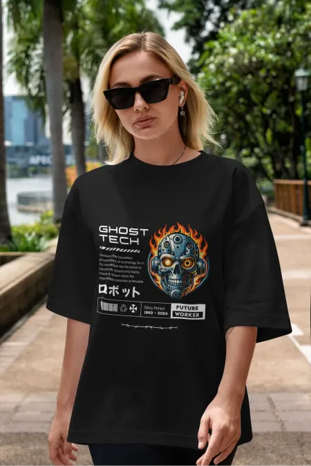 Unisex Erkek/Kadın Ghost Tech Renkli Özel Baskılı Oversize Pamuklu Bisiklet Yaka T-Shirt Tişört