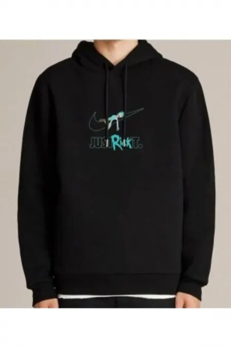 Blackjackgiyim Rick Just Rick It Baskılı Siyah Unisex Kapşonlu Sweatshirt Uzun Kol