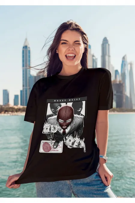 Unisex Erkek/Kadın MONEY HEIST Renkli Özel Baskılı Oversize Pamuklu Bisiklet Yaka T-Shirt Tişört
