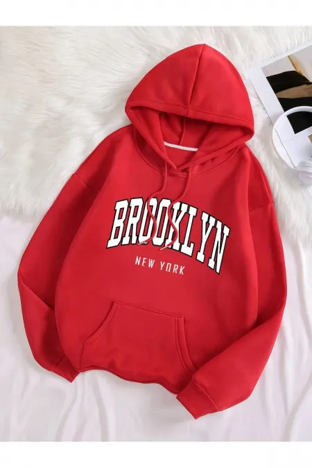 Brooklyn Sweatshirt Kangaroo Pocket Printed Hooded Raised