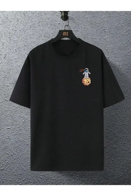 Unisex Black Oversized Crew Neck T-shirt with Planet Print on the Back