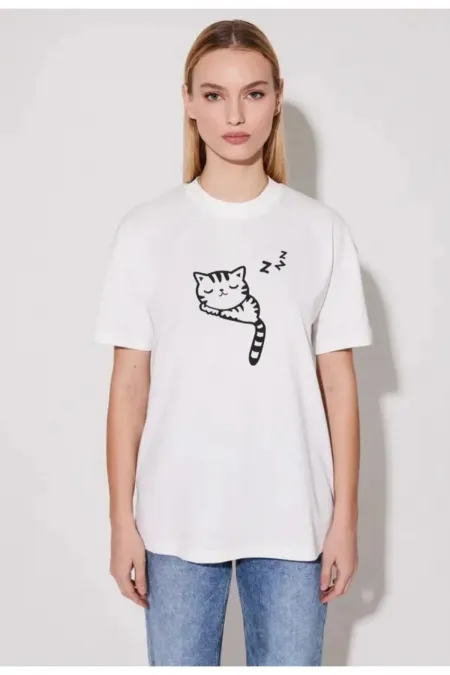 sleepy cat Printed Oversize Cotton T-shirt, trend fashion t-shirt