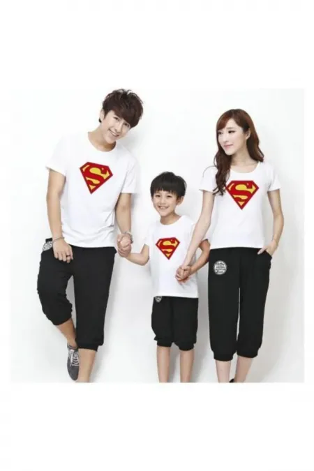 Süpermen Baskılı 3lü Tshirt Kombini Anne Baba Çocuk Aile Tişörtleri Bedenleri Soru Sora Mesaj Atın