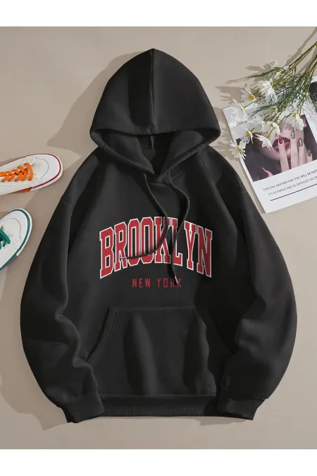 Brooklyn Sweatshirt Kangaroo Pocket Printed Hooded Raised