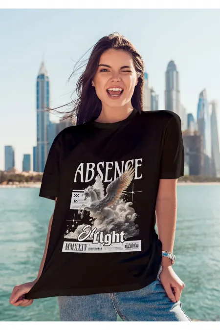 Unisex Erkek/Kadın ABSENCE Renkli Özel Baskılı Oversize Pamuklu Bisiklet Yaka T-Shirt Tişört