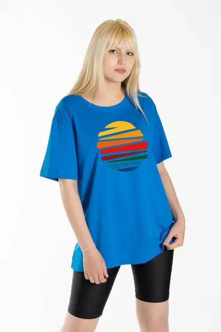 Women's Blue Front Sun Printed Crew Neck Oversize Cotton T-shirt