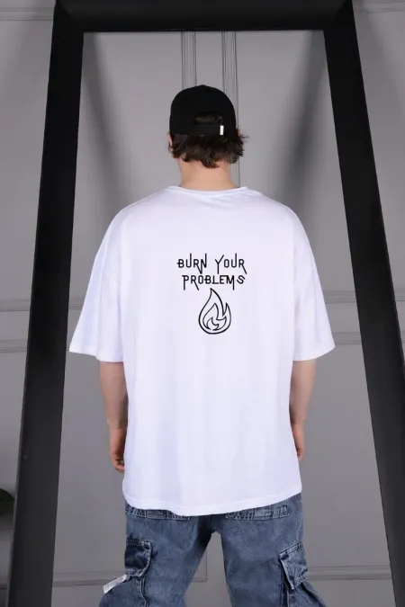 Unrivaled Men's White Color Oversize Burn Your Problems Printed T-shirt
