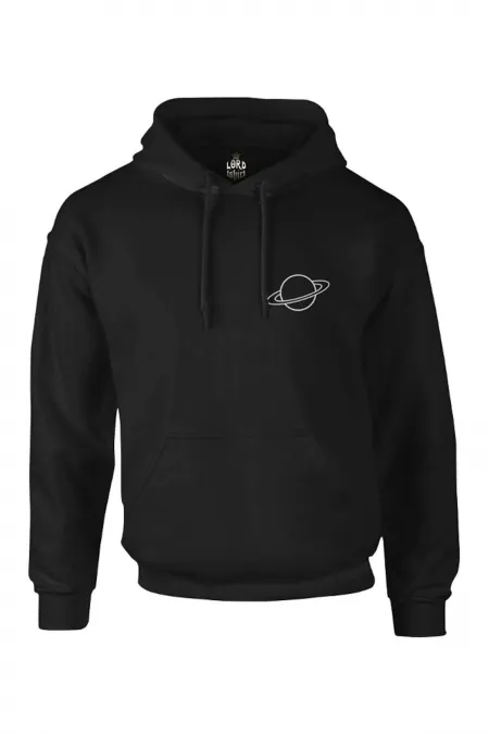 Lord T-shirt Erkek Siyah Saturn Logo Fermuarsız Kapşonlu