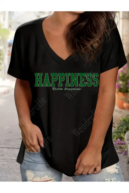 Women's V-Neck Printed Black/White Oversize Boyfriend T-Shirt