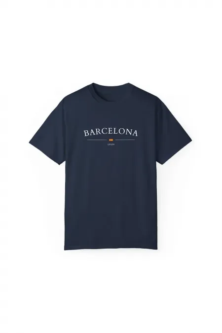 Unisex Barcelona Spain City Printed Navy Blue Basic T-shirt