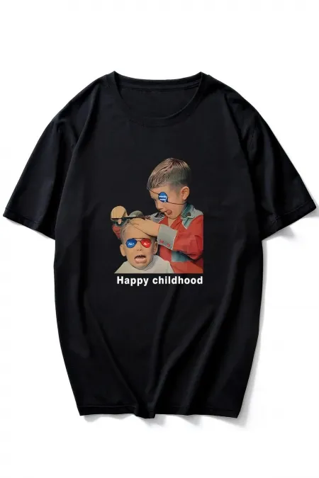 Unisex Black Oversize Happy Childhood Printed T-shirt
