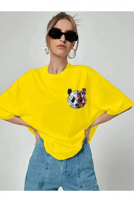 Women's Oversize Panda Printed Black T-shirt