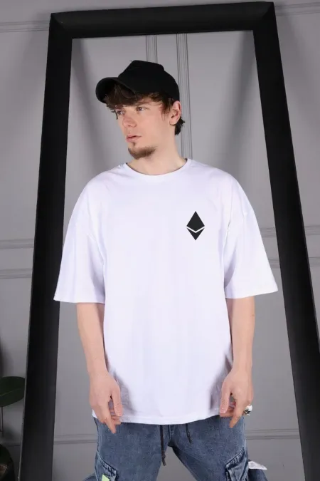 Men's White Oversize Ethereum Logo Printed T-shirt