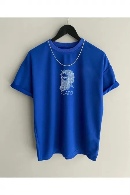 Unisex Plato Printed Saks Blue T-shirt garalio