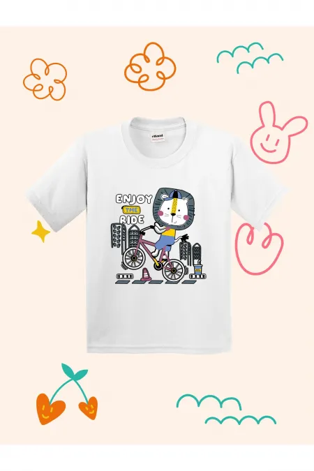 Kids' T-shirt with Lion Cyclist Print