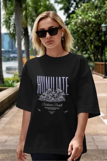 Unisex Erkek/Kadın HUMILATE Renkli Özel Baskılı Oversize Pamuklu Bisiklet Yaka T-Shirt Tişört