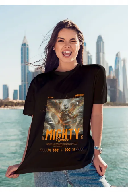 Unisex Erkek/Kadın MIGHTY Renkli Özel Baskılı Oversize Pamuklu Bisiklet Yaka T-Shirt Tişört