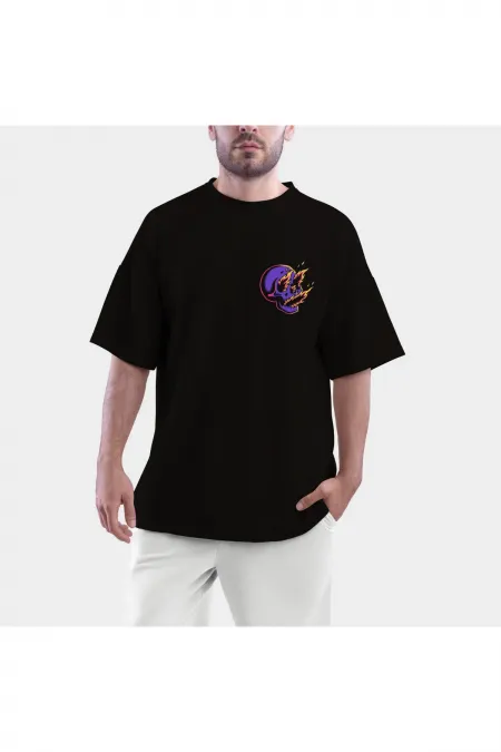 Purple Skull Printed Black Combed Cotton Oversize T-shirt