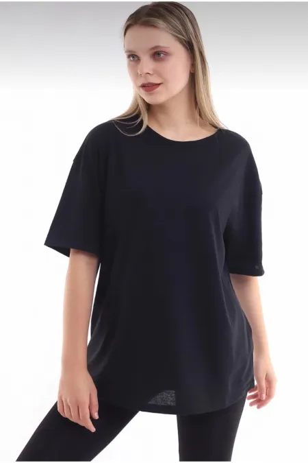 Unisex Pamuk Bisiklet Yaka Boyfriend Siyah Örme Oversize T-shirt