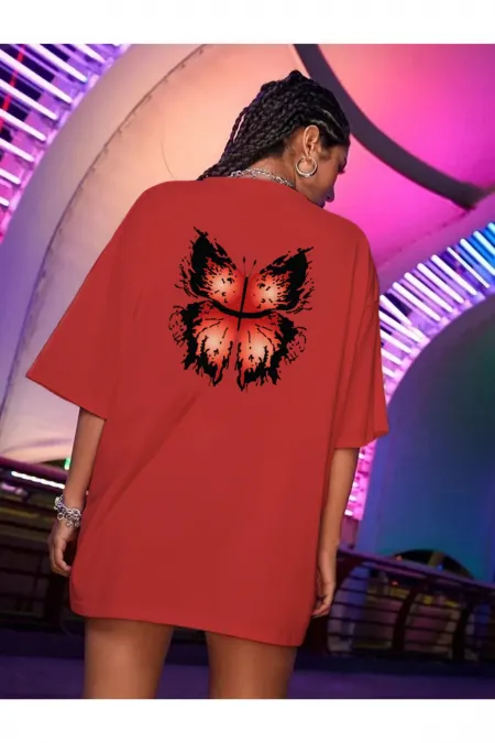 Red T-Shirt, Colorful Butterfly Printed Oversized Combed Cotton T-shirt