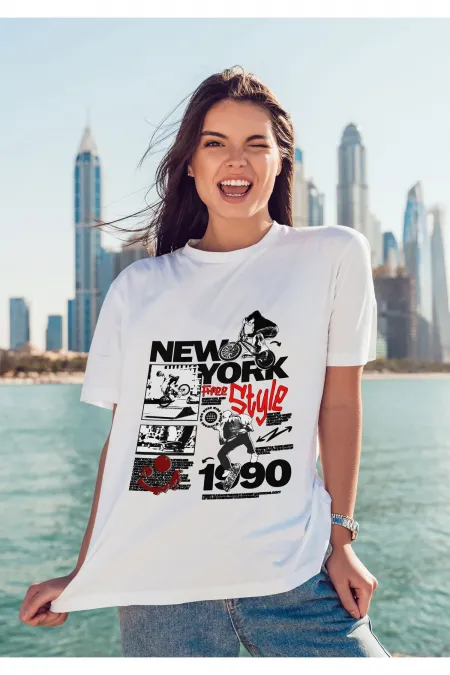 Unisex Erkek/Kadın NEWYORK Renkli Özel Baskılı Oversize Pamuklu Bisiklet Yaka T-Shirt Tişört