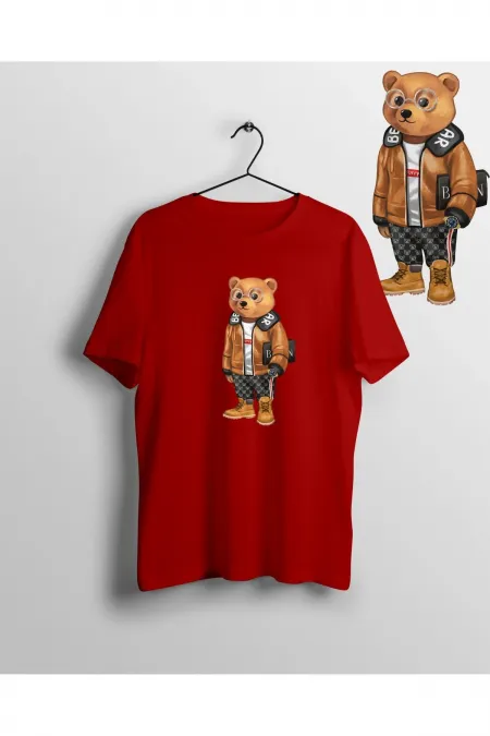Bad Boy Baron Cool Teddy Bear Ayı Unisex Bisiklet Yaka Baskılı T-shirt
