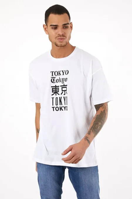 Erkek Beyaz Tokyo Baskılı Oversize T-shirt