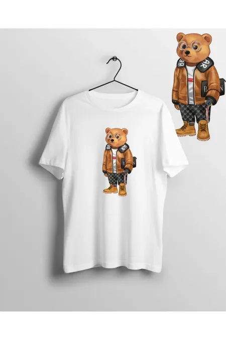 Bad Boy Baron Cool Teddy Bear Ayı Unisex Bisiklet Yaka Baskılı T-shirt