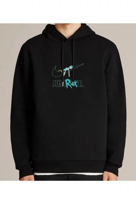 Unisex Siyah Just Rick It Baskılı Kapüşonlu Sweatshirt