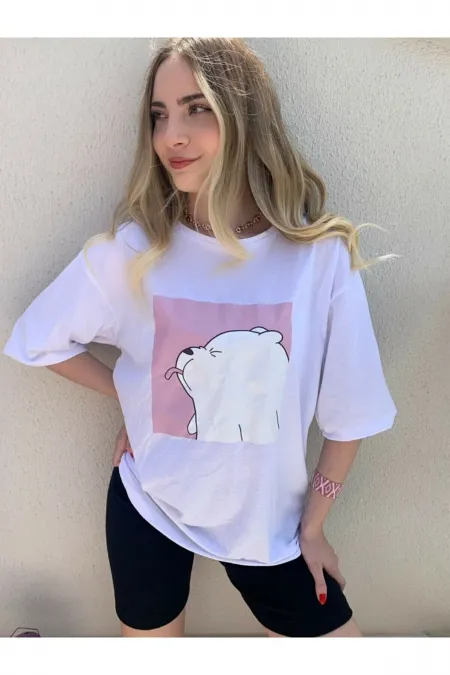 Kadın Beyaz Dil Çıkaran Köpek Oversize T-shirt