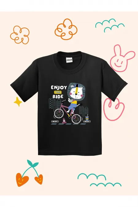 Kids' T-shirt with Lion Cyclist Print