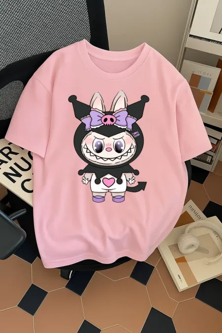 Unisex Erkek/Kadın Kuromi Labubu Renkli Baskılı Oversize Pamuklu T-Shirt