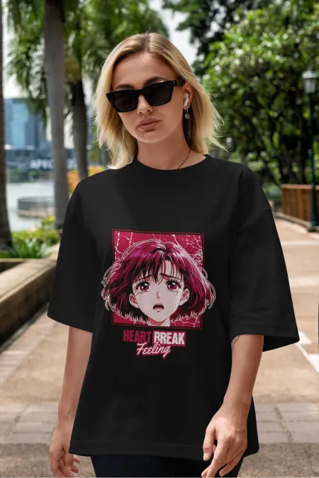 Unisex Erkek/Kadın HEARTH BREAK Renkli Özel Baskılı Oversize Pamuklu Bisiklet Yaka T-Shirt Tişört